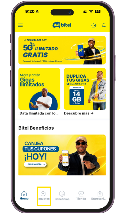 <p>Haz click en el <strong>bot&oacute;n inferior izquierdo</strong> con el nombre <strong>Paquetes</strong>.</p>