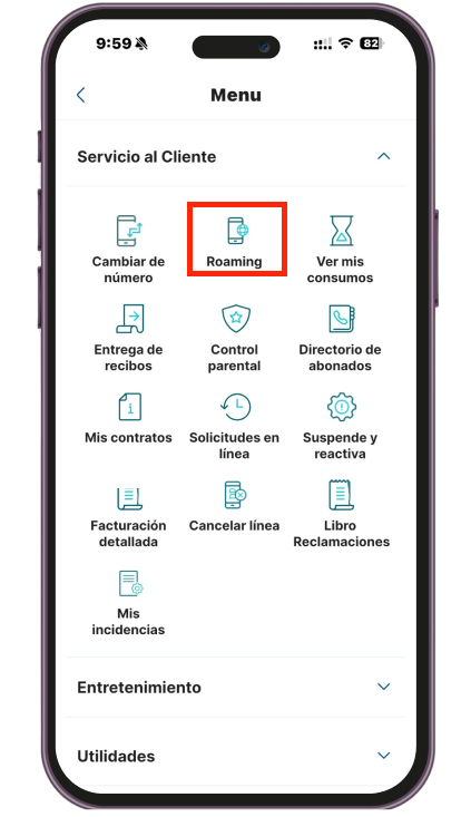 <p>Ir a la secci&oacute;n <strong>Servicio al Cliente</strong> y hacer click en <strong>Roaming</strong></p>